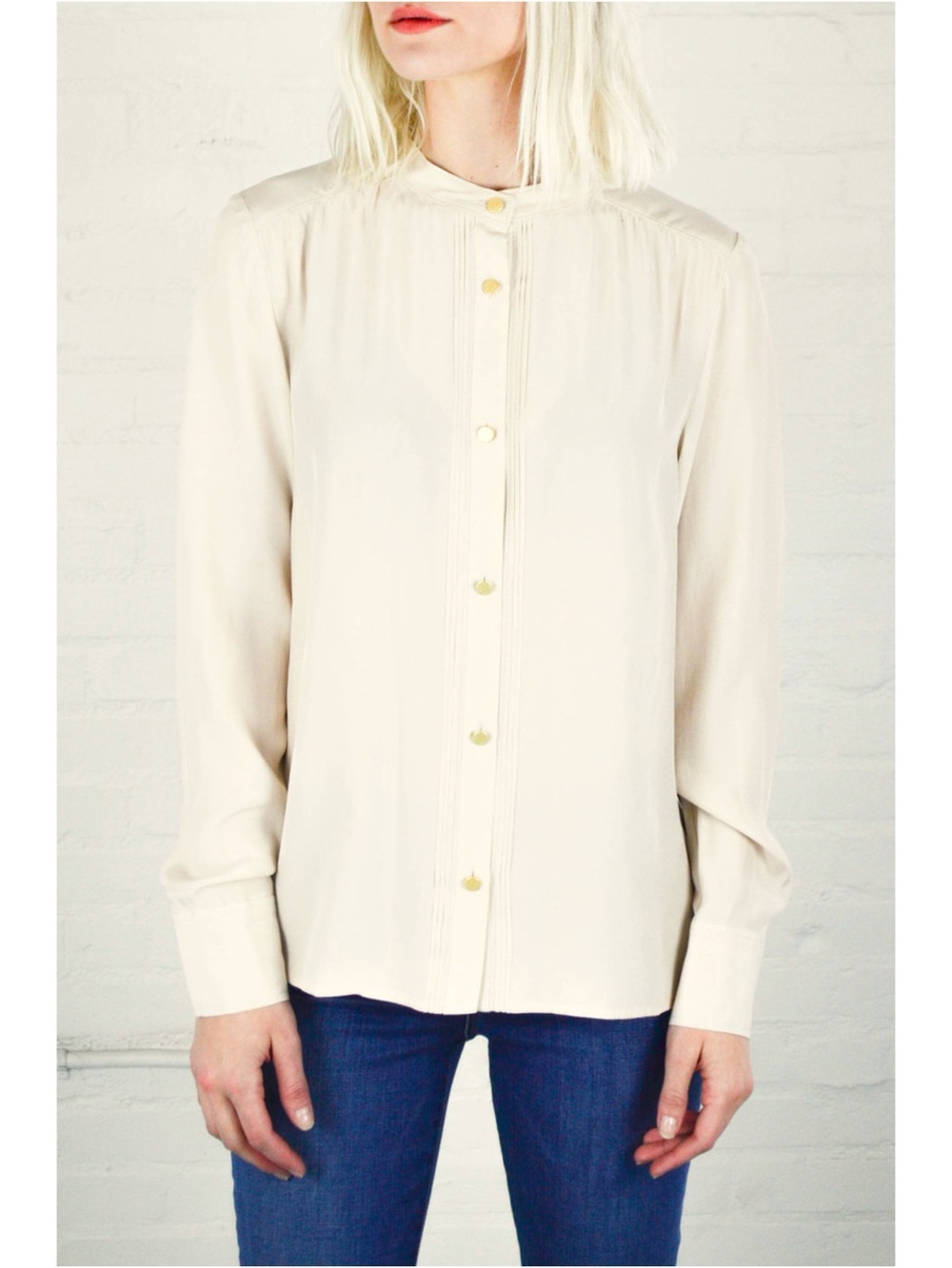 Frame Denim Le Pleat Cream Gold Button-Up Mandarin Collar Silk Blouse ❤️❤️